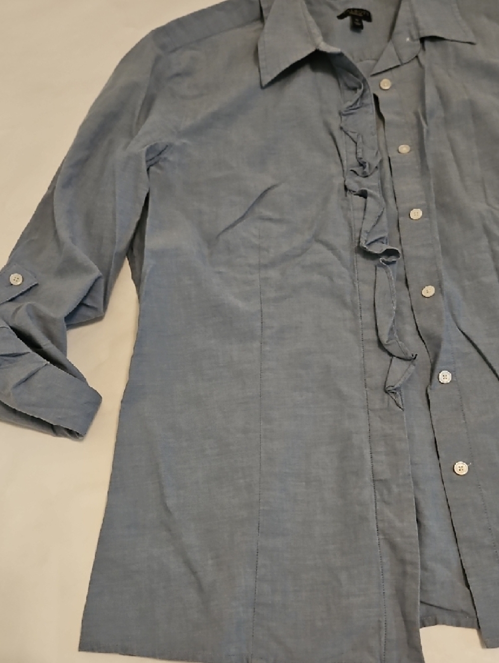 Talbots Light Blue Linen Ruffle-Front Button Shirt - Picture 5 of 6